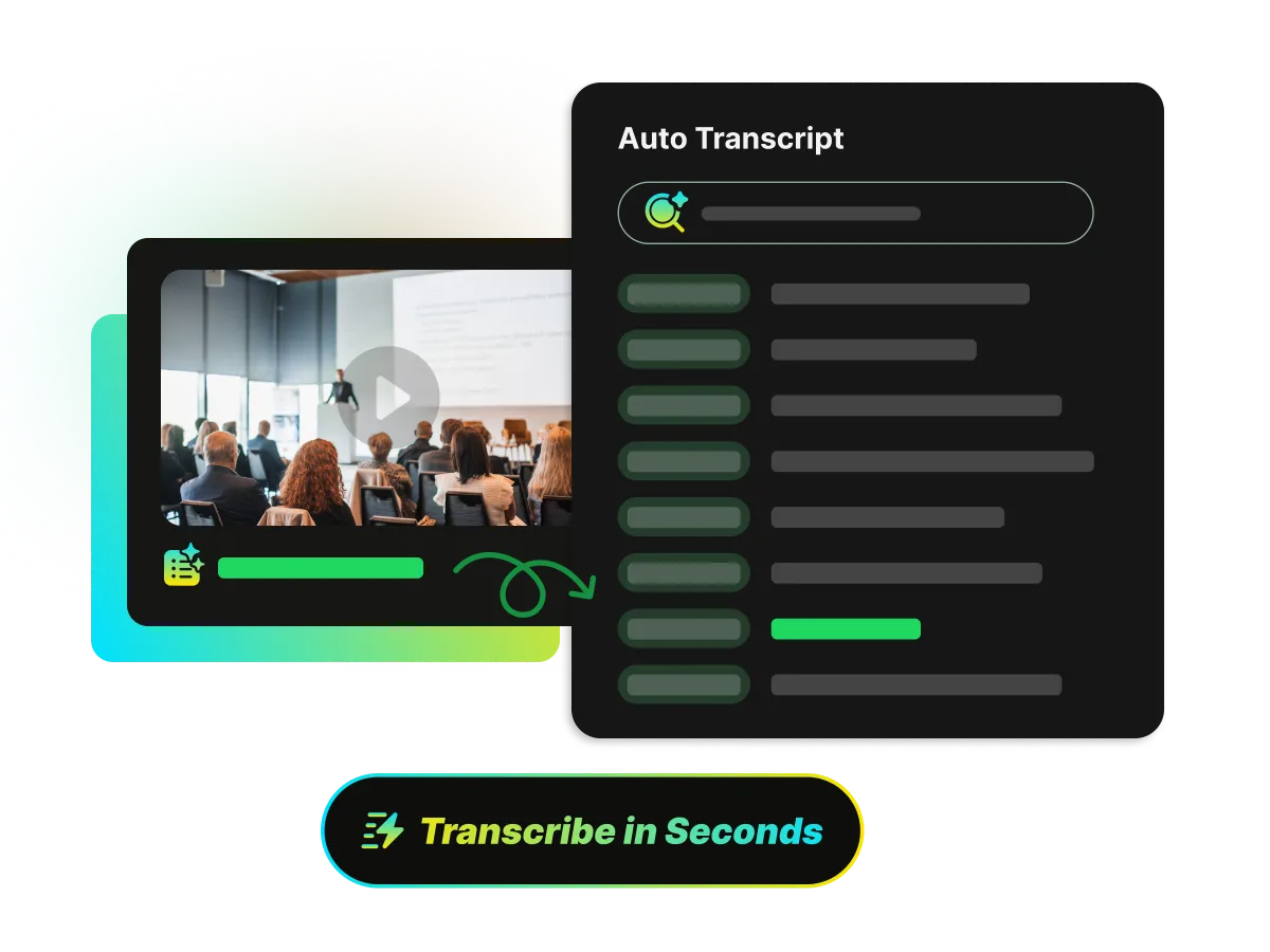 WayinVideos KI-Video-Transkriptionsgenerator erstellt automatisch eine Transkription aus einem Vortrag – mit einem Button, der die Geschwindigkeit 'In Sekunden transkribieren' betont.